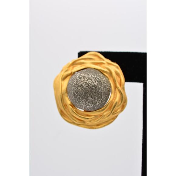 Vintage Clip On Earrings Brushed Gold Matte Brutalist Chunky Heavy 1980s BinAK - Picture 6 of 12